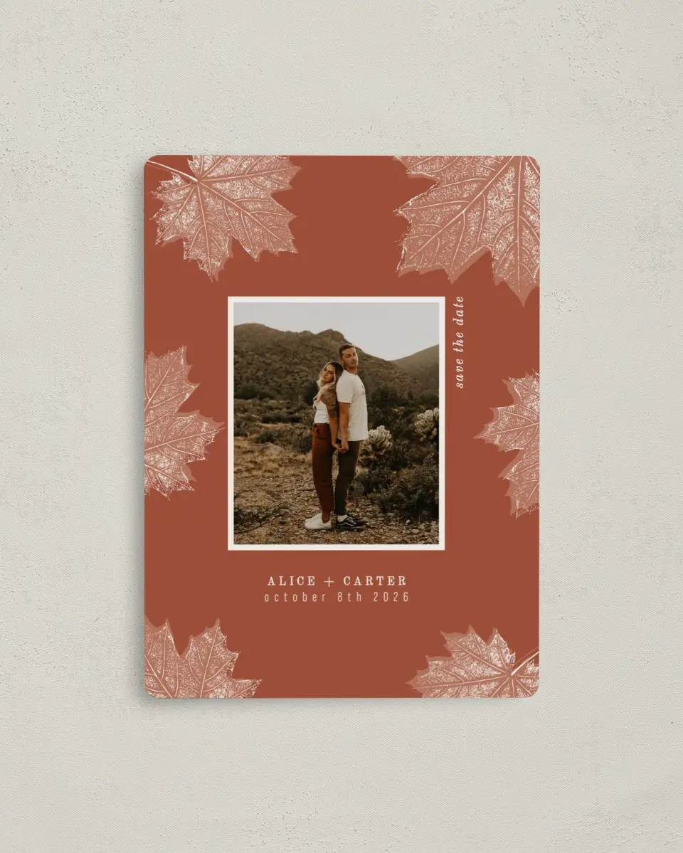 This is a 4" x 5½" Save the Date Magnet called Turning Leaves printed in full color with a Luxe Satin finish
