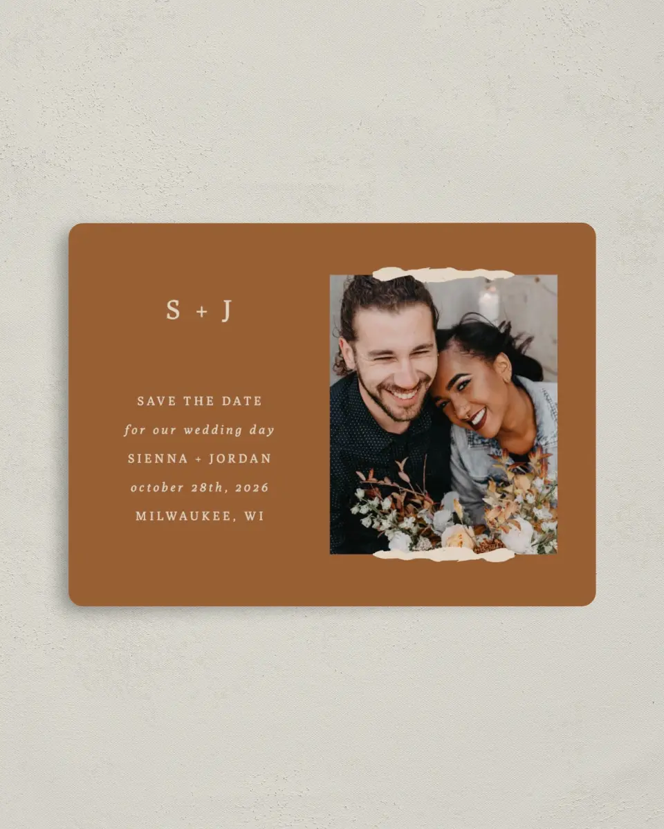 This is a 4" x 5½" Save the Date Magnet called Threads of Love printed in full color with a Luxe Satin finish