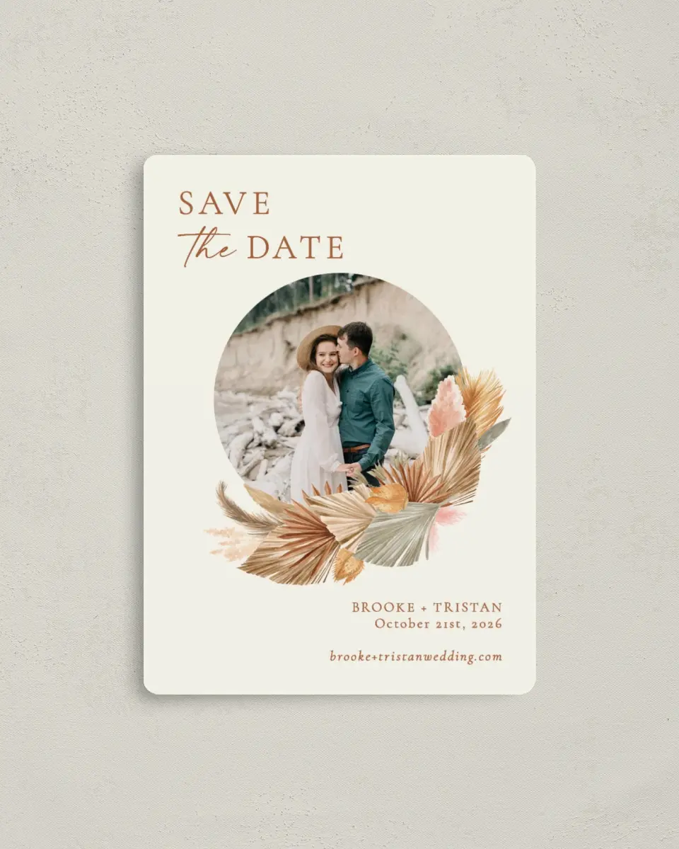 This is a 4" x 5½" Save the Date Magnet called Sandy Fronds printed in full color with a Luxe Satin finish