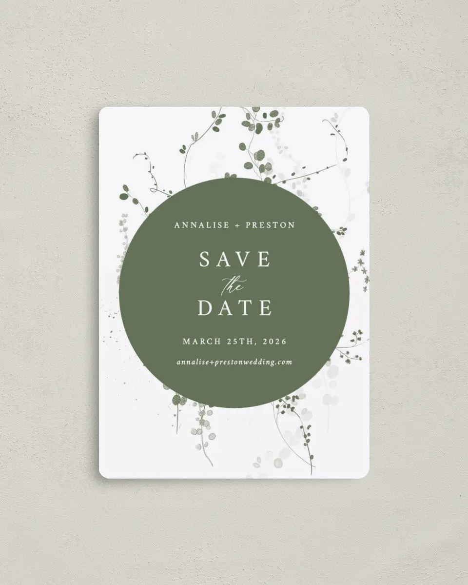 This is a 4" x 5½" Save the Date Magnet called Fresh Tendrils printed in full color with a Luxe Satin finish