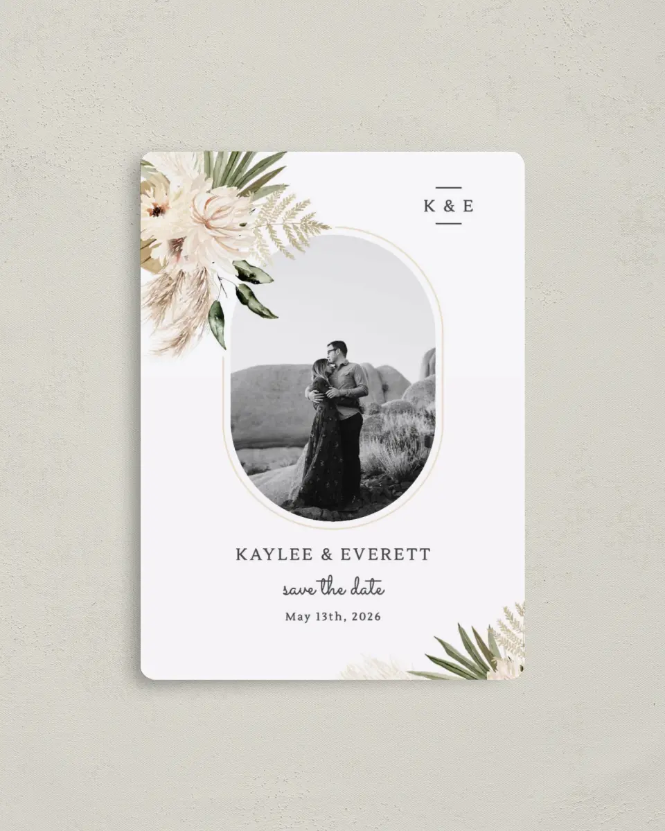 This is a 4" x 5½" Save the Date Magnet called Serene Flora printed in full color with a Luxe Satin finish