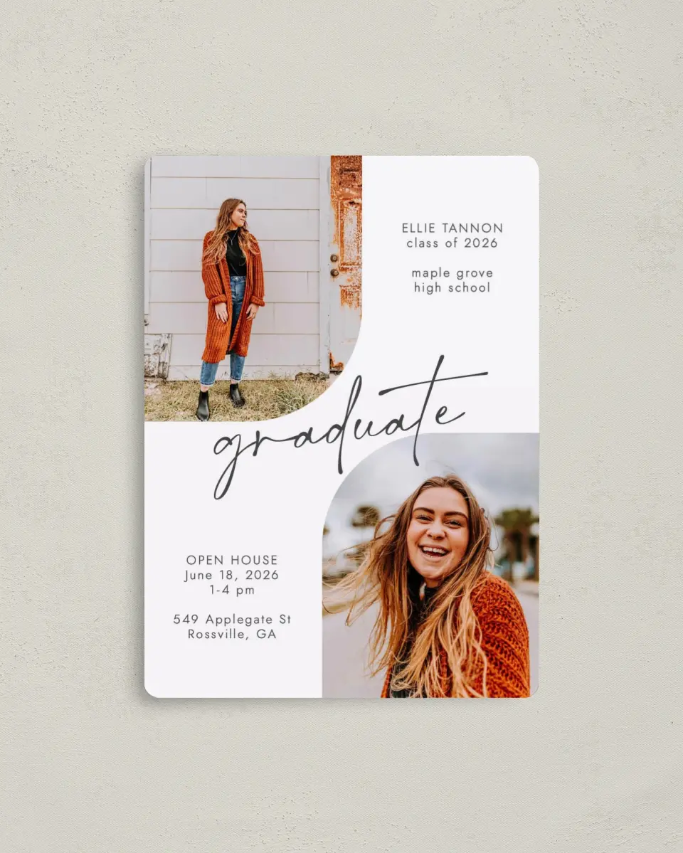 This is a 4" x 5½" Graduation Announcement Magnet called Commencement Corners printed in full color with Gold foil and a Luxe Satin finish