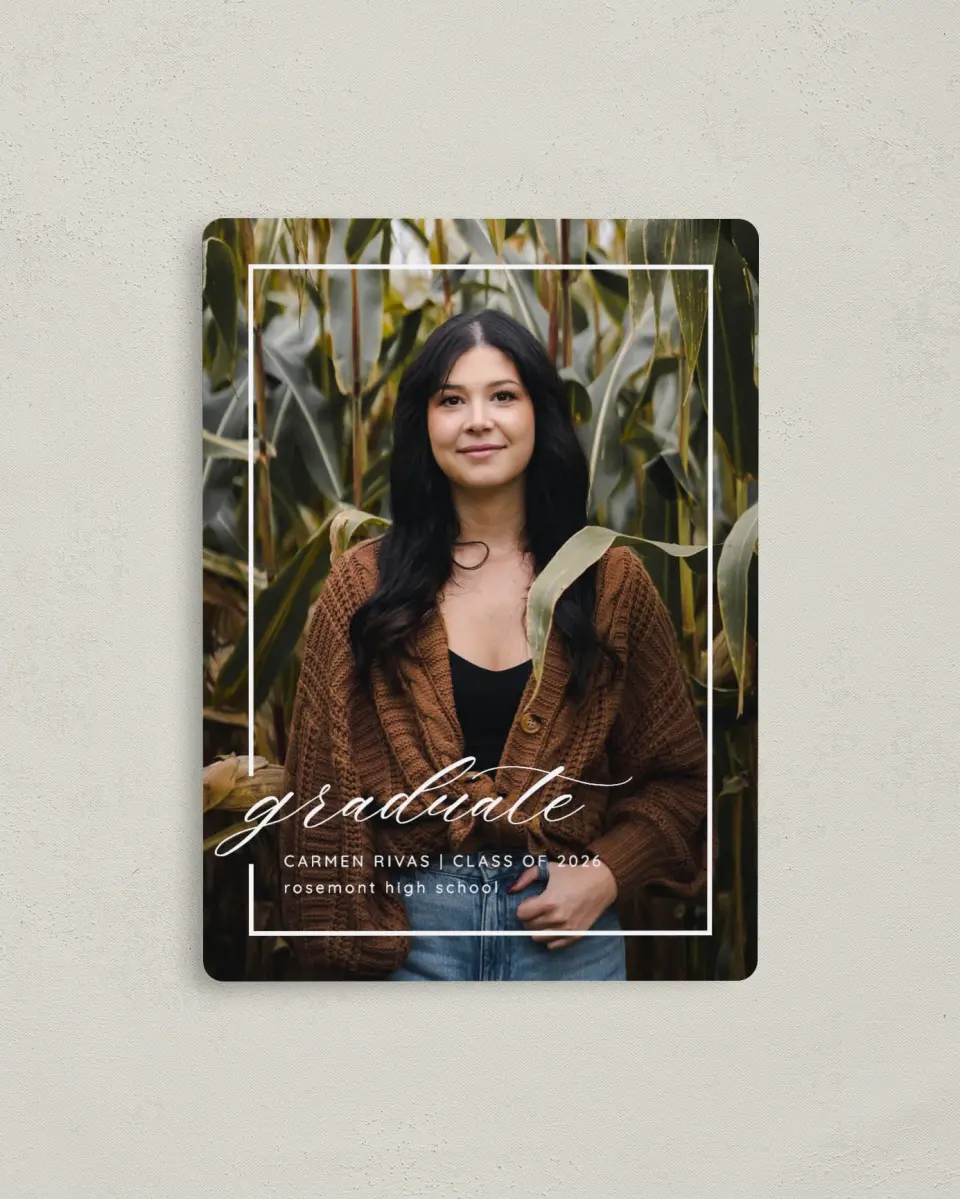 This is a 4" x 5½" Graduation Announcement Magnet called Brilliant Border printed in full color with a Luxe Satin finish