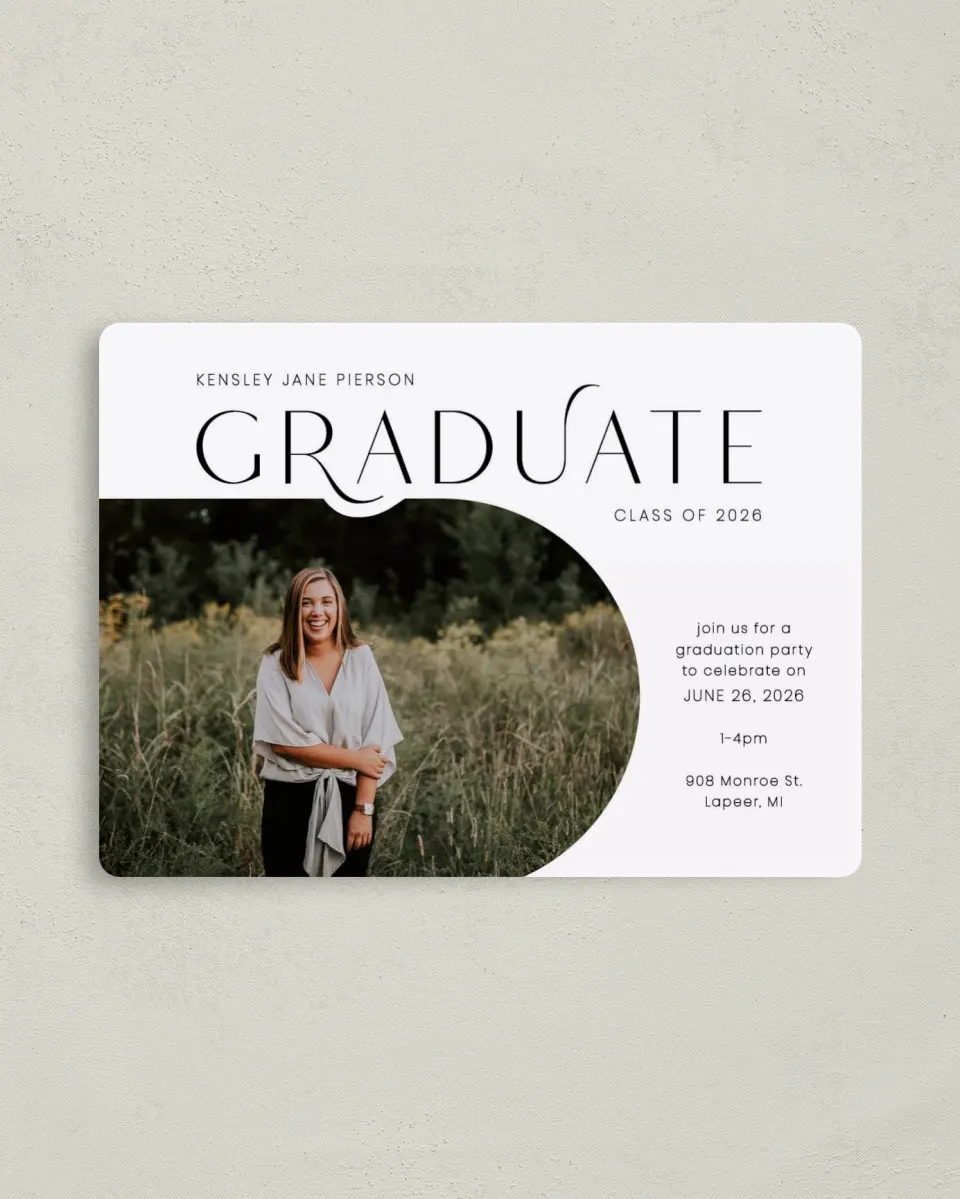 This is a 4" x 5½" Graduation Announcement Magnet called Modern Scholar printed in full color with a Luxe Satin finish