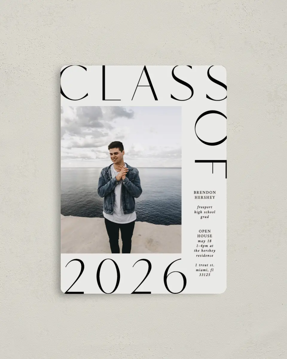 This is a 4" x 5½" Graduation Announcement Magnet called On the Edge printed in full color with a Luxe Satin finish