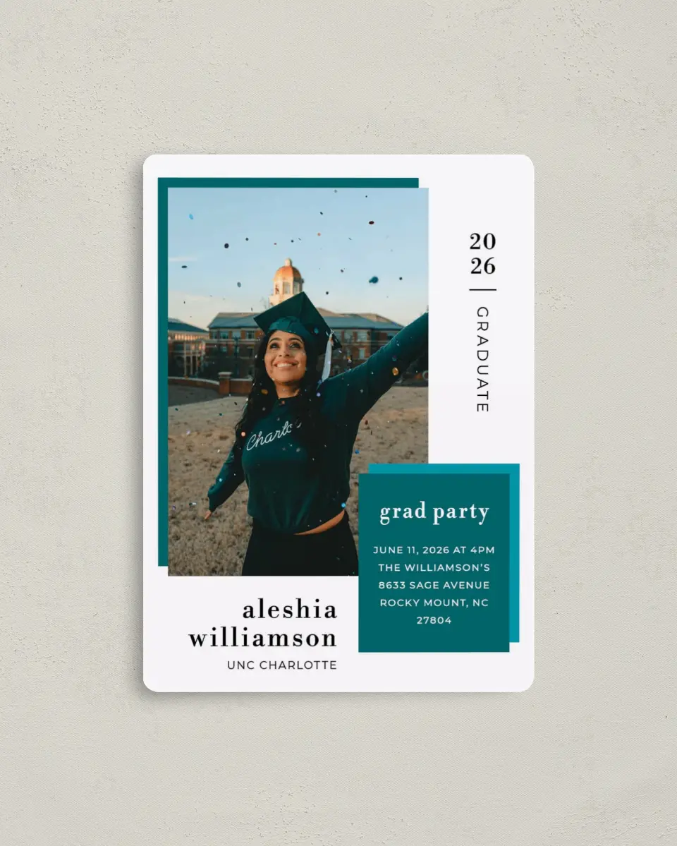 This is a 4" x 5½" Graduation Announcement Magnet called Fun Celebration printed in full color with a Luxe Satin finish