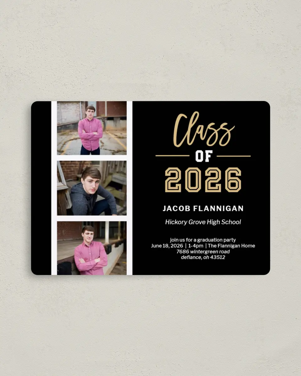 This is a 4" x 5½" Graduation Announcement Magnet called Stacked Snapshots printed in full color with a Luxe Satin finish