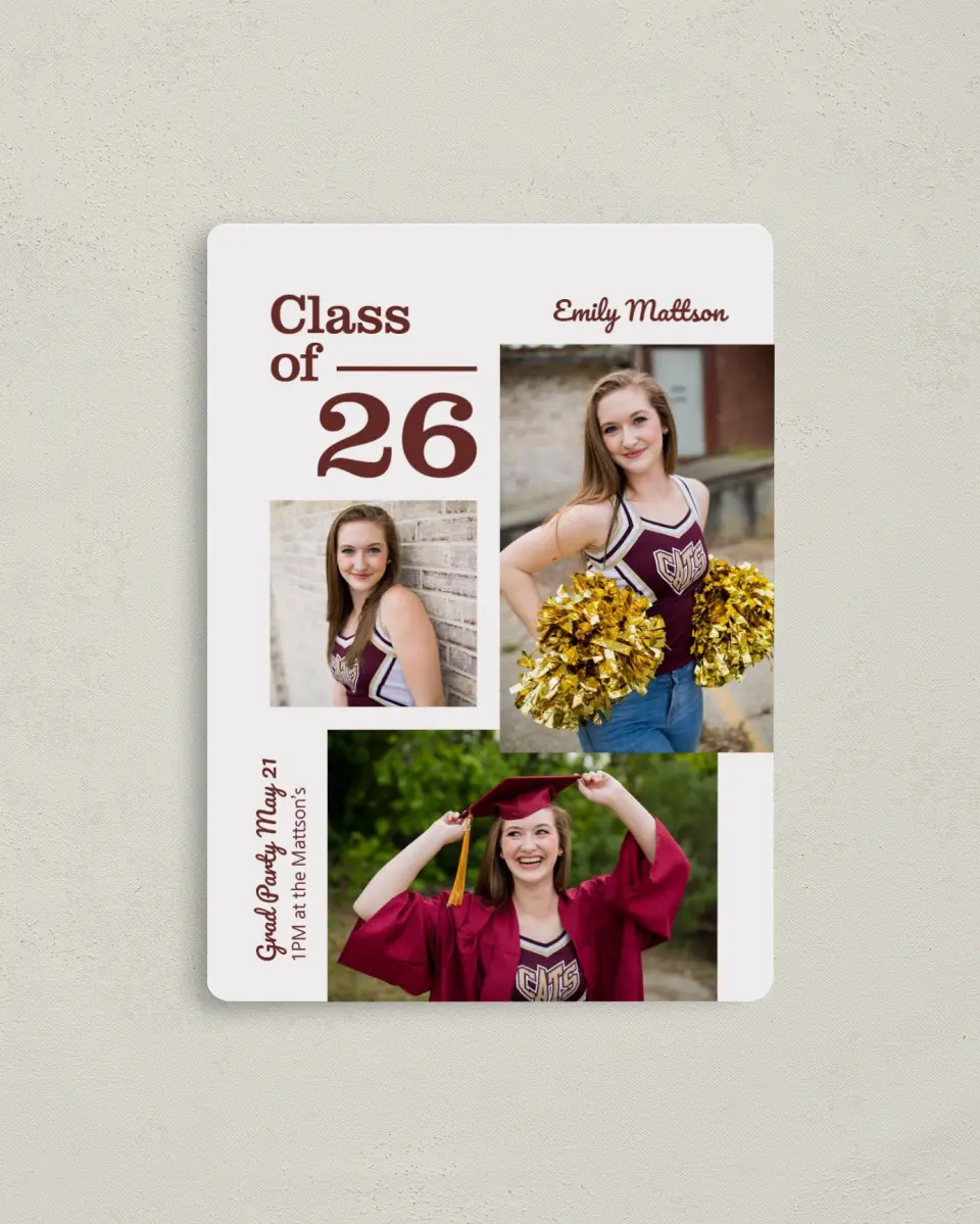 This is a 4" x 5½" Graduation Announcement Magnet called Scholarly Spirit printed in full color with a Luxe Satin finish