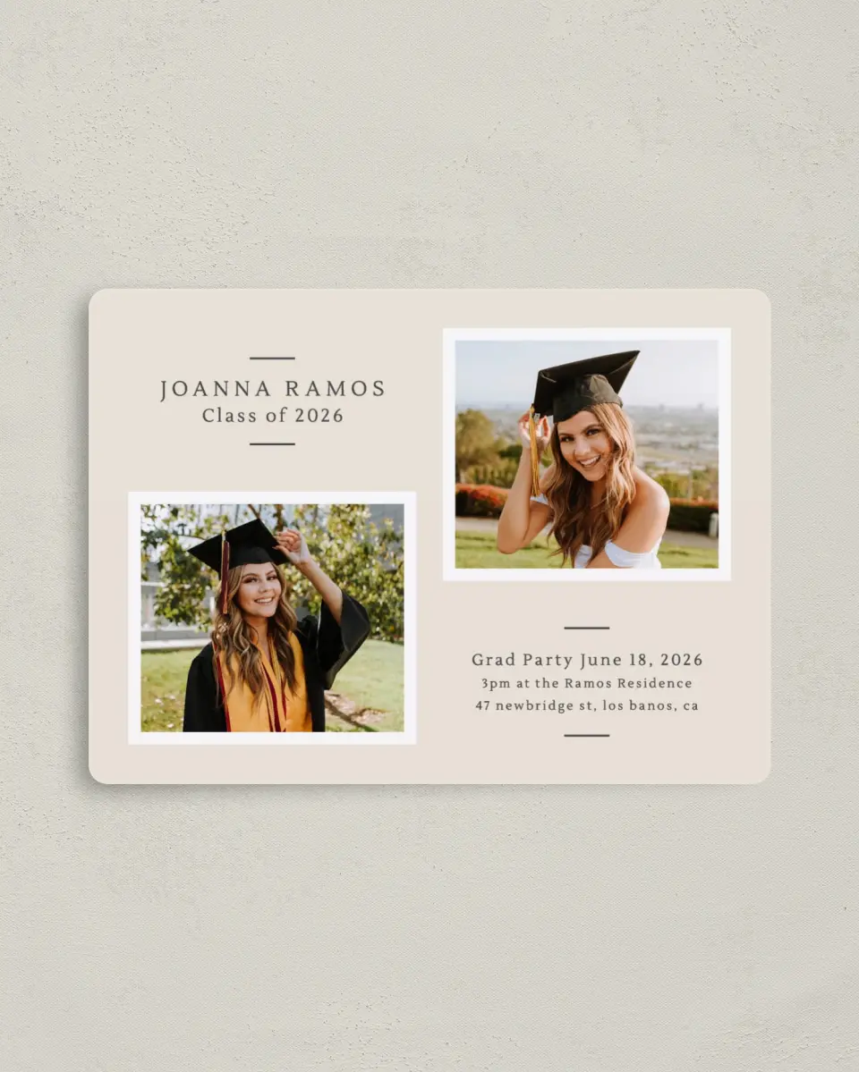 This is a 4" x 5½" Graduation Announcement Magnet called Classy Year printed in full color with a Luxe Satin finish