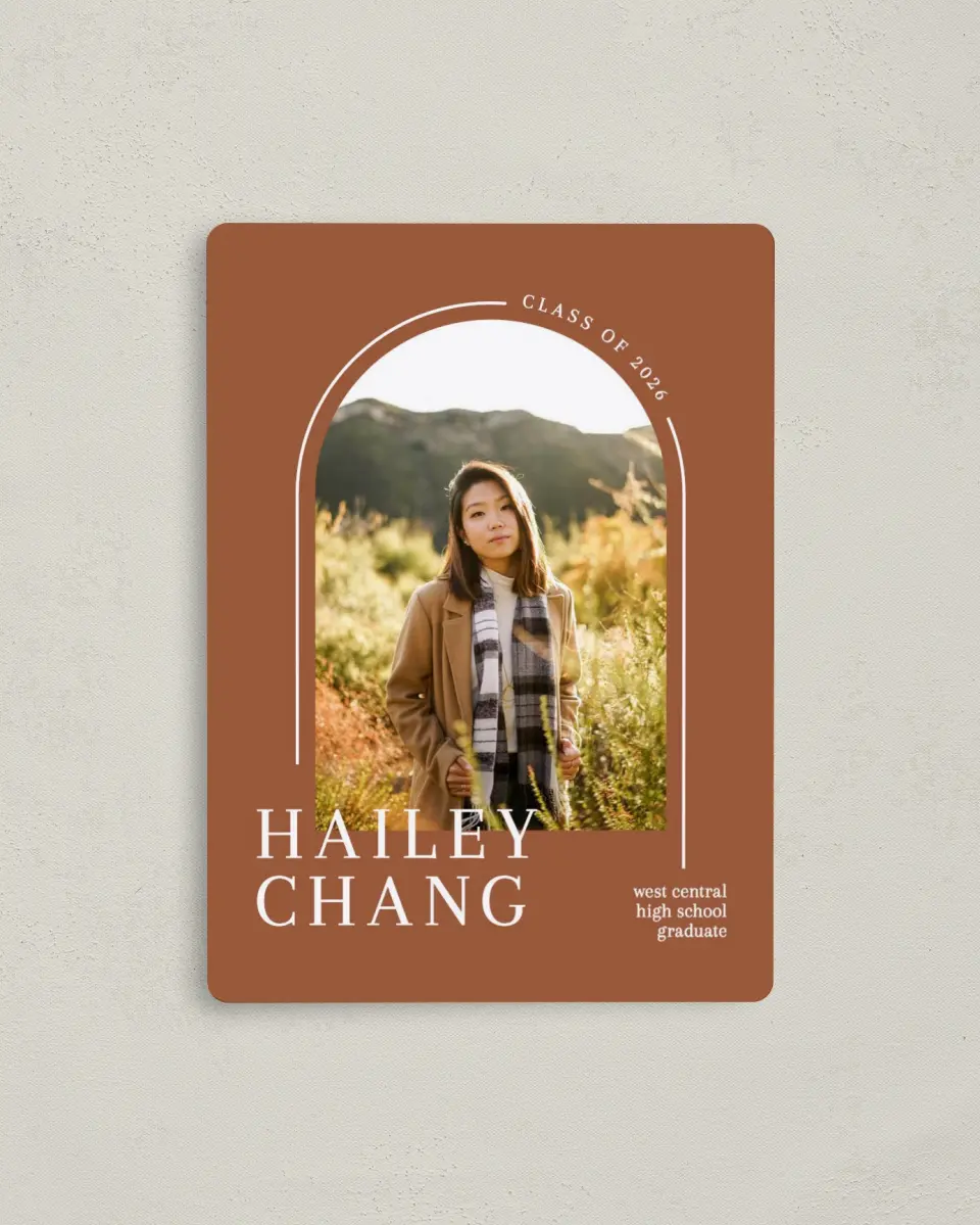This is a 4" x 5½" Graduation Announcement Magnet called Arched Grad printed in full color with Gold foil and a Luxe Satin finish