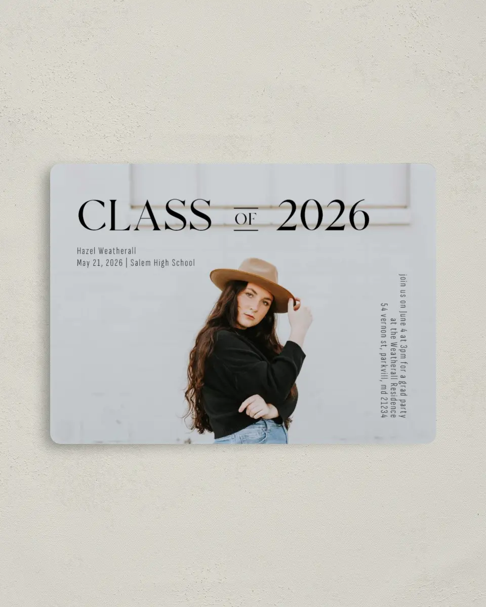 This is a 4" x 5½" Graduation Announcement Magnet called Class Of printed in full color with Gold foil and a Luxe Satin finish