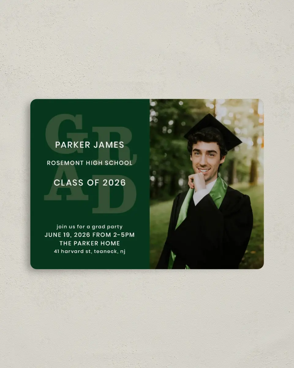 This is a 4" x 5½" Graduation Announcement Magnet called Layered Grad printed in full color with a Luxe Satin finish