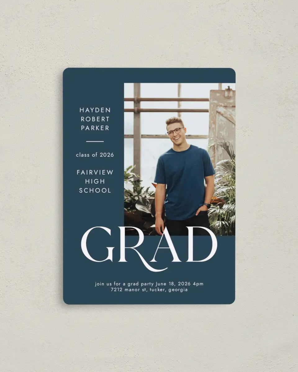 This is a 4" x 5½" Graduation Announcement Magnet called Onward Grad printed in full color with a Luxe Satin finish