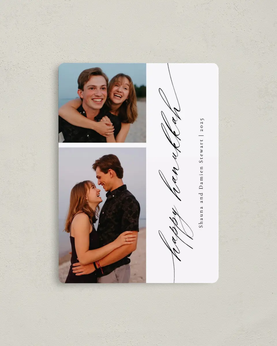 This is a 4" x 5½" Hanukkah Card called Hanukkah Script printed in full color with Silver foil and a Luxe Satin finish
