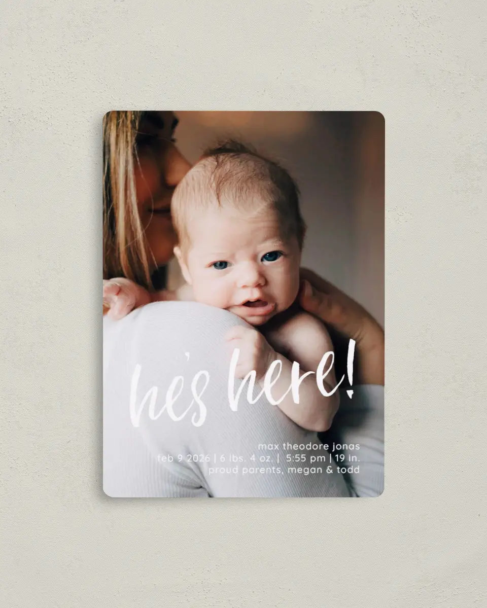 This is a 4" x 5½" Birth Announcement Magnet called He's Present printed in full color with Gold foil and a Luxe Satin finish