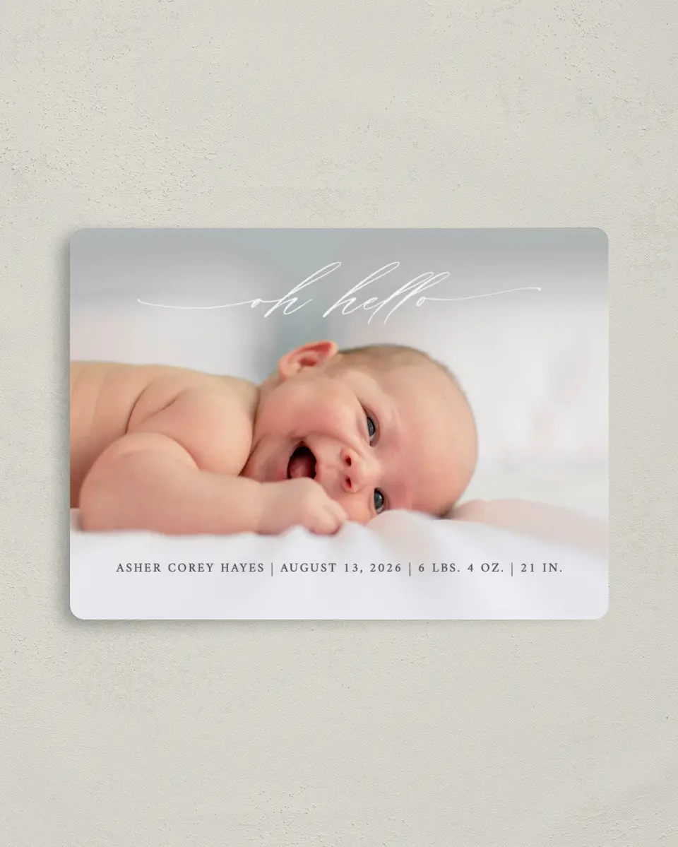 This is a 4" x 5½" Birth Announcement Magnet called Oh Hello printed in full color with a Luxe Satin finish