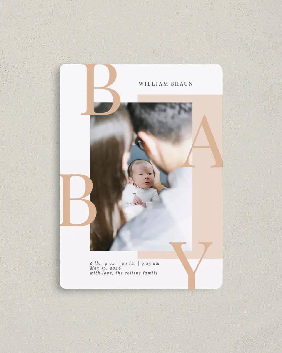 This is a 4" x 5½" Birth Announcement Magnet called Baby Case printed in full color with a Luxe Satin finish