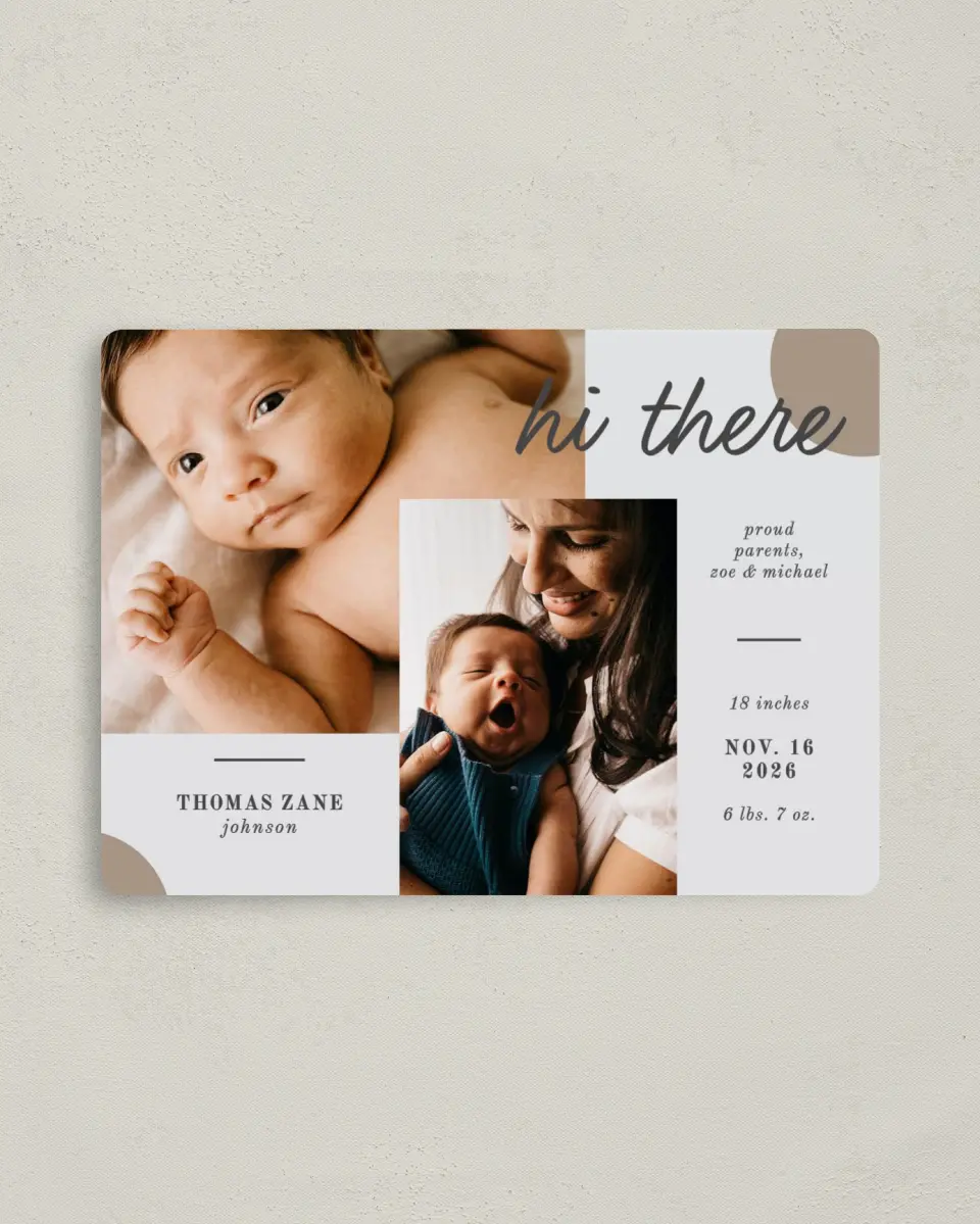 This is a 4" x 5½" Birth Announcement Magnet called Modern Spots printed in full color with Silver foil and a Luxe Satin finish