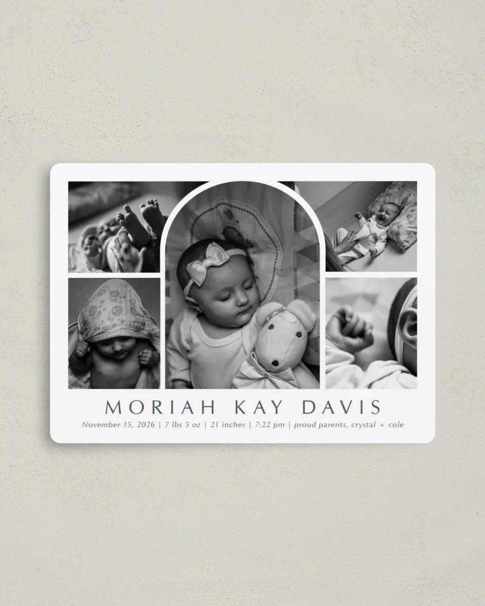 This is a 4" x 5½" Birth Announcement Magnet called Photo Arch printed in full color with Gold foil and a Luxe Satin finish