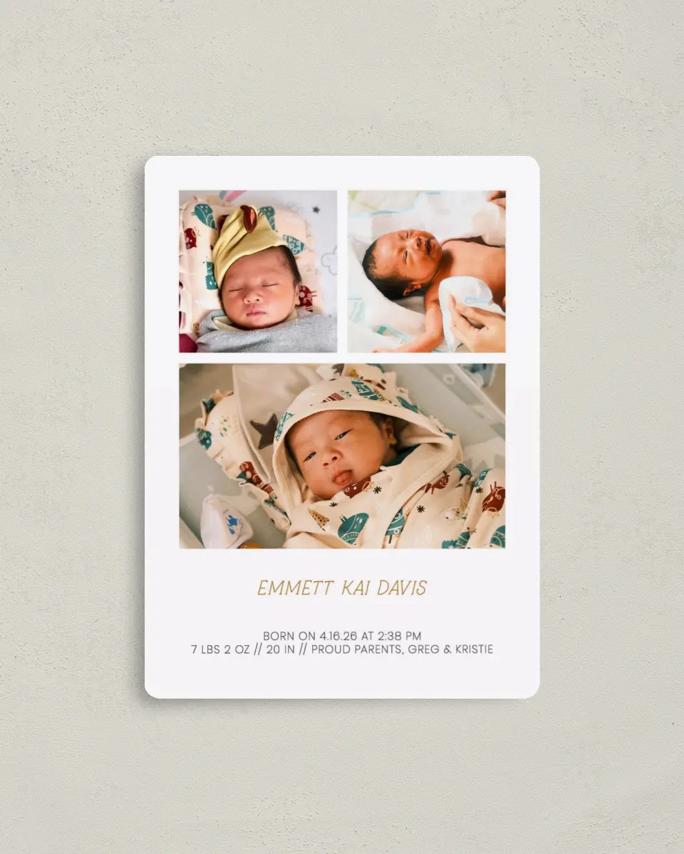 This is a 4" x 5½" Birth Announcement Magnet called Natal Name printed in full color with Rose Gold foil and a Luxe Satin finish