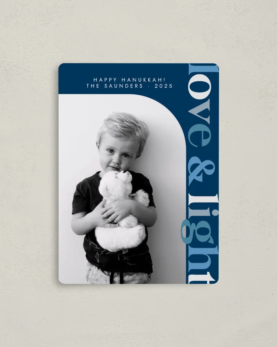 This is a 4" x 5½" Hanukkah Card called Love & Light printed in full color with Silver foil and a Luxe Satin finish