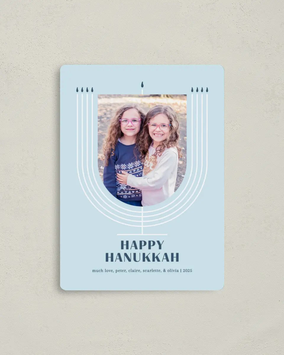 This is a 4" x 5½" Hanukkah Card called Mod Menorah printed in full color with Silver foil and a Luxe Satin finish