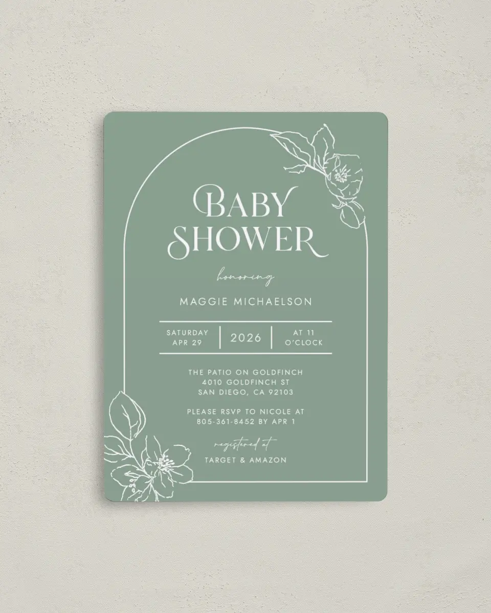 This is a 4" x 5½" Baby Shower Invitation Magnet called Joyous Blooms printed in full color with a Luxe Satin finish