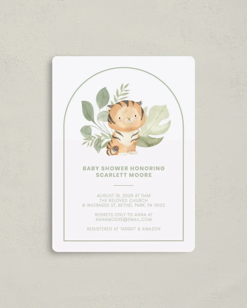 This is a 4" x 5½" Baby Shower Invitation Magnet called Baby Tiger printed in full color with a Luxe Satin finish