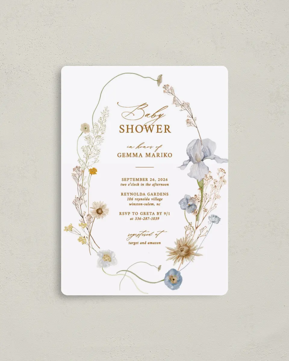 This is a 4" x 5½" Baby Shower Invitation Magnet called Wildflower Baby printed in full color with a Luxe Satin finish
