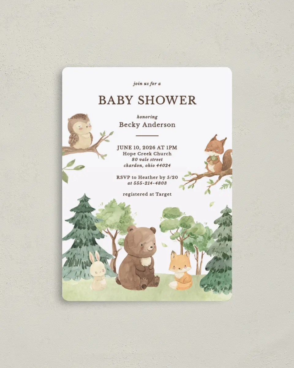 This is a 4" x 5½" Baby Shower Invitation Magnet called Woodland Scene printed in full color with a Luxe Satin finish
