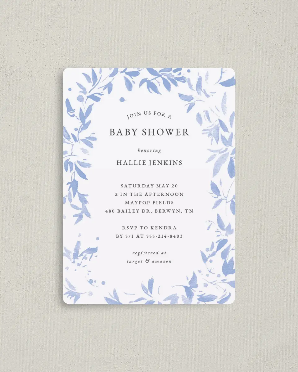 This is a 4" x 5½" Baby Shower Invitation Magnet called Spring Surround printed in full color with a Luxe Satin finish