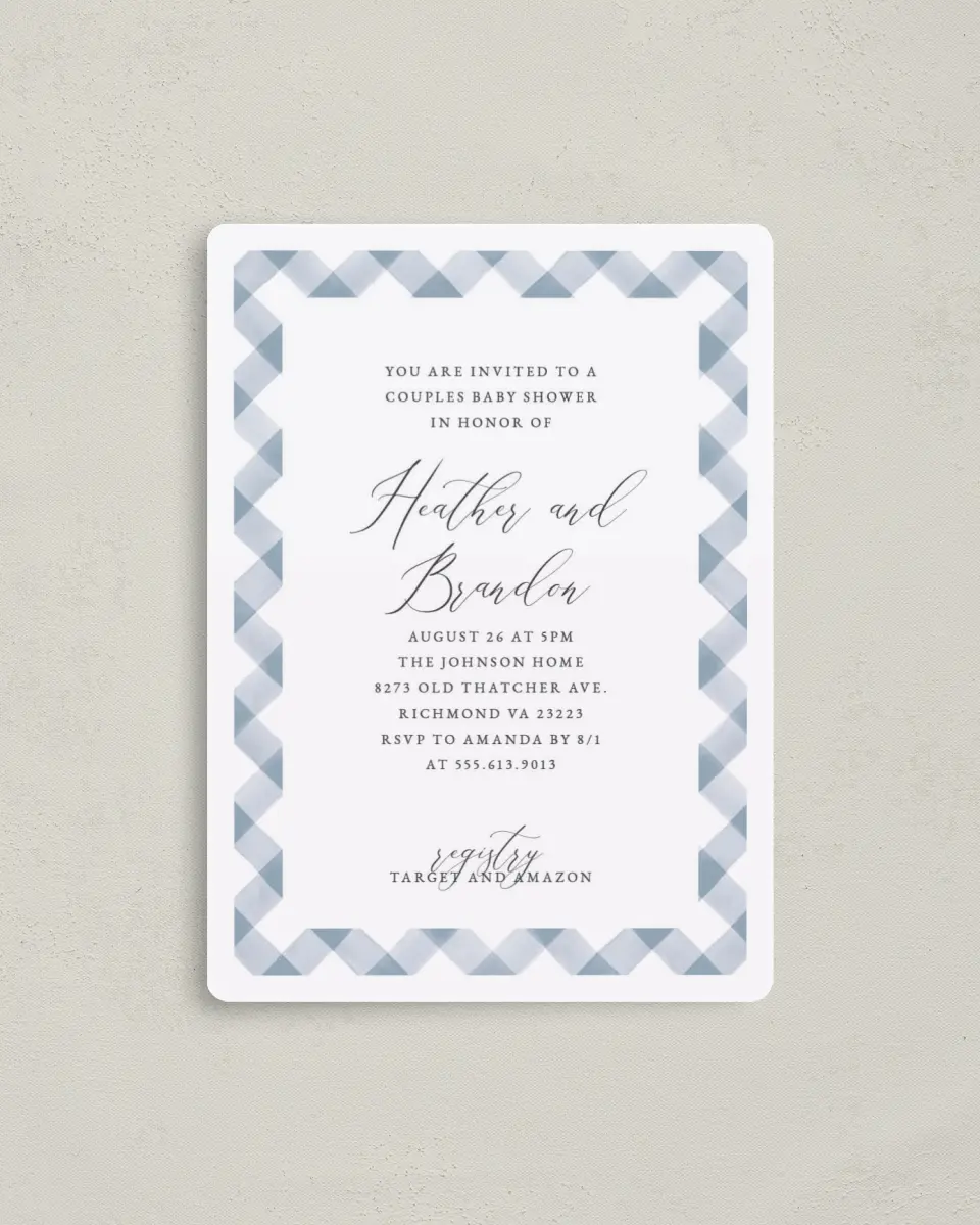 This is a 4" x 5½" Baby Shower Invitation Magnet called Checked Frame printed in full color with a Luxe Satin finish