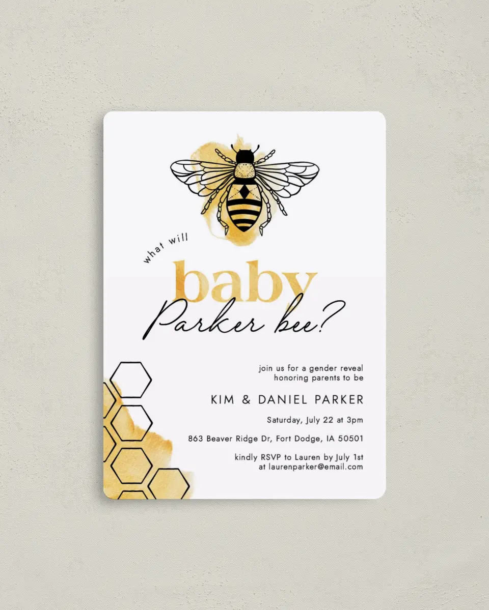 This is a 4" x 5½" Baby Shower Invitation Magnet called Baby Bee printed in full color with a Luxe Satin finish