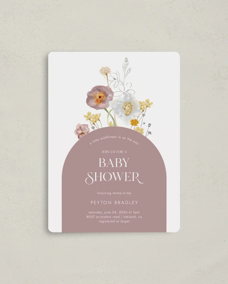 This is a 4" x 5½" Baby Shower Invitation Magnet called Little Wildflower printed in full color with a Luxe Satin finish