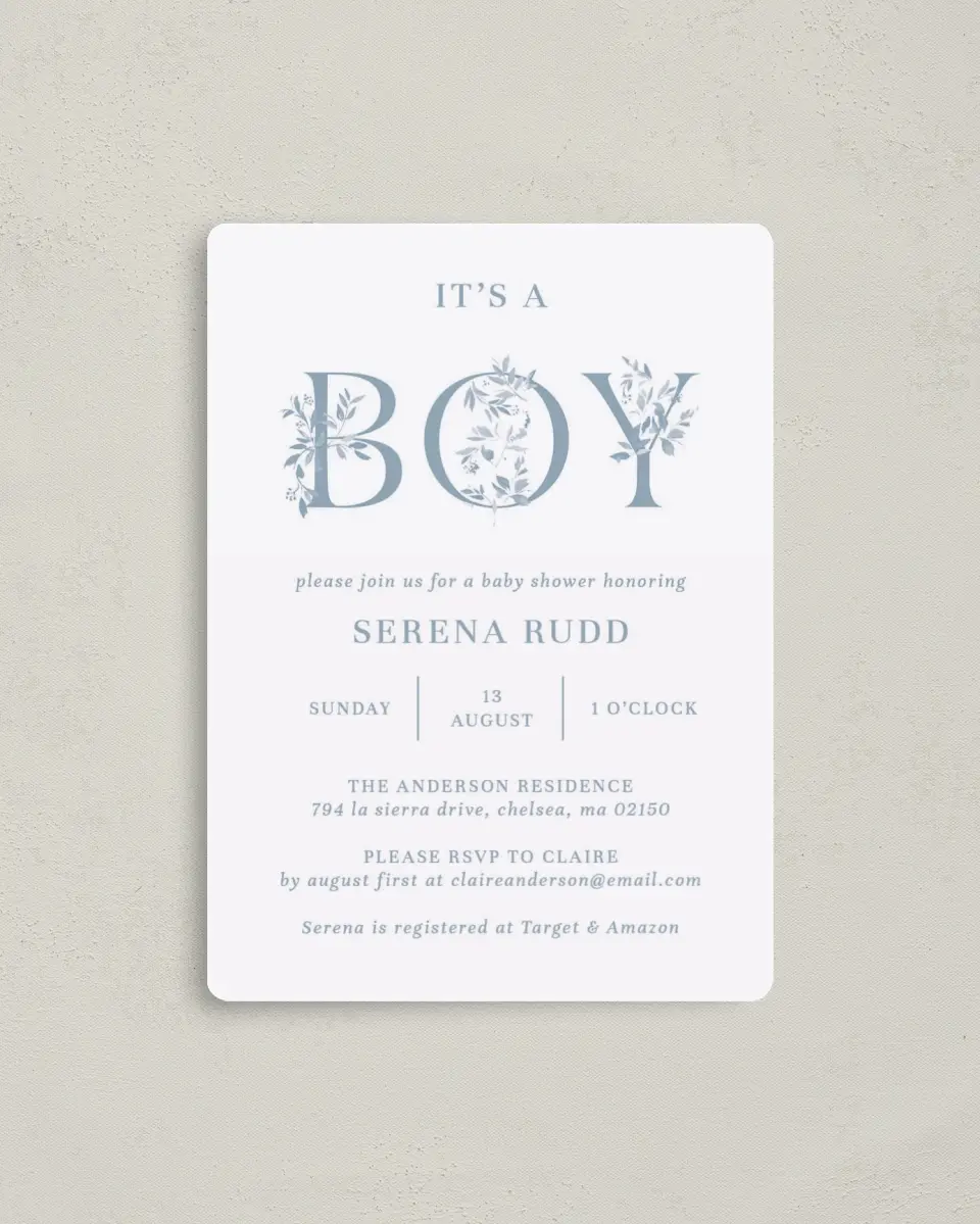 This is a 4" x 5½" Baby Shower Invitation Magnet called Floral Boy printed in full color with a Luxe Satin finish