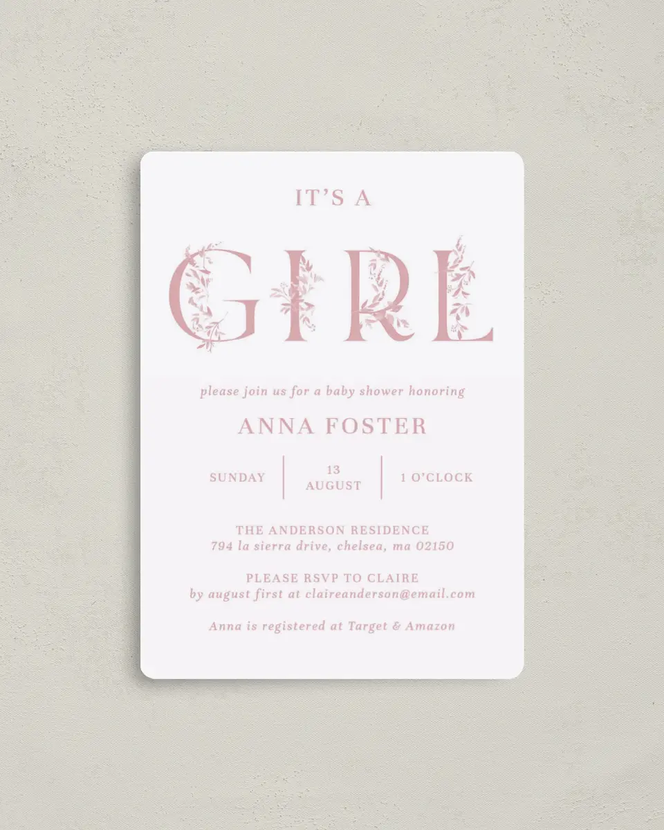 This is a 4" x 5½" Baby Shower Invitation Magnet called Floral Girl printed in full color with a Luxe Satin finish