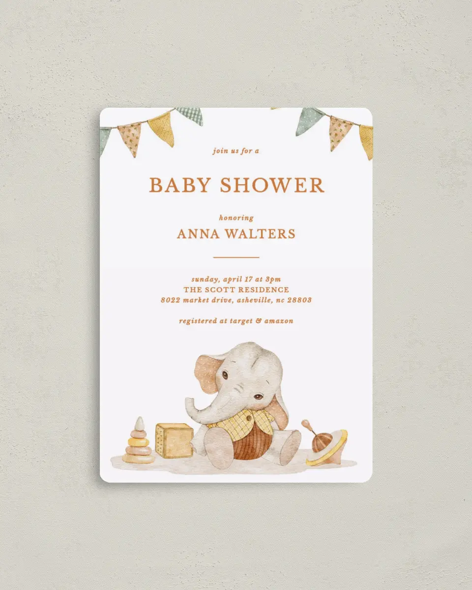 This is a 4" x 5½" Baby Shower Invitation Magnet called Elephant Banner printed in full color with a Luxe Satin finish