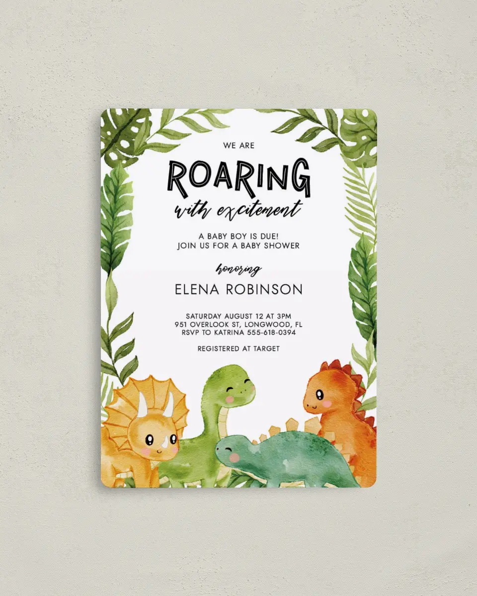 This is a 4" x 5½" Baby Shower Invitation Magnet called Roaring Baby printed in full color with a Luxe Satin finish