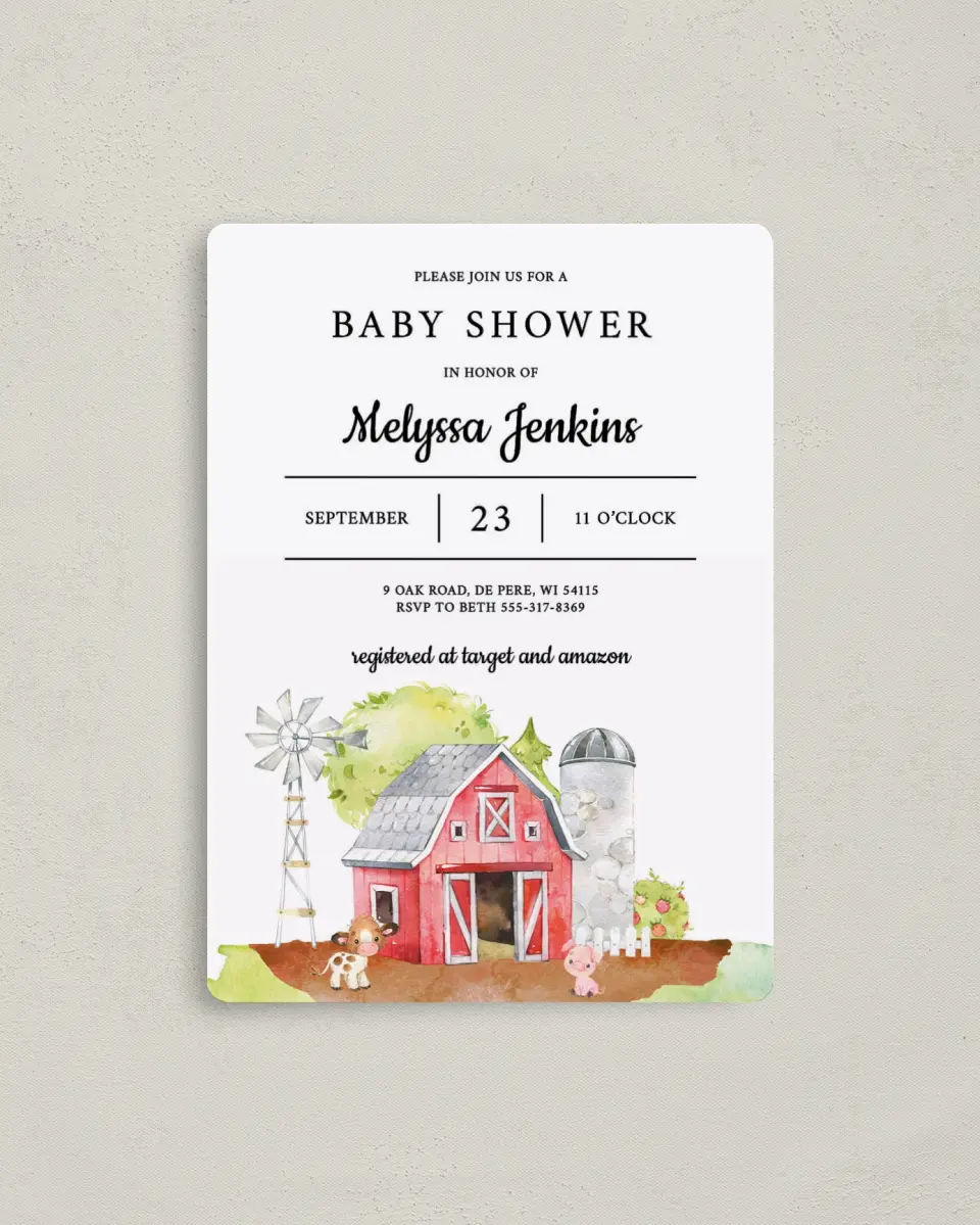 This is a 4" x 5½" Baby Shower Invitation Magnet called On the Farm printed in full color with a Luxe Satin finish