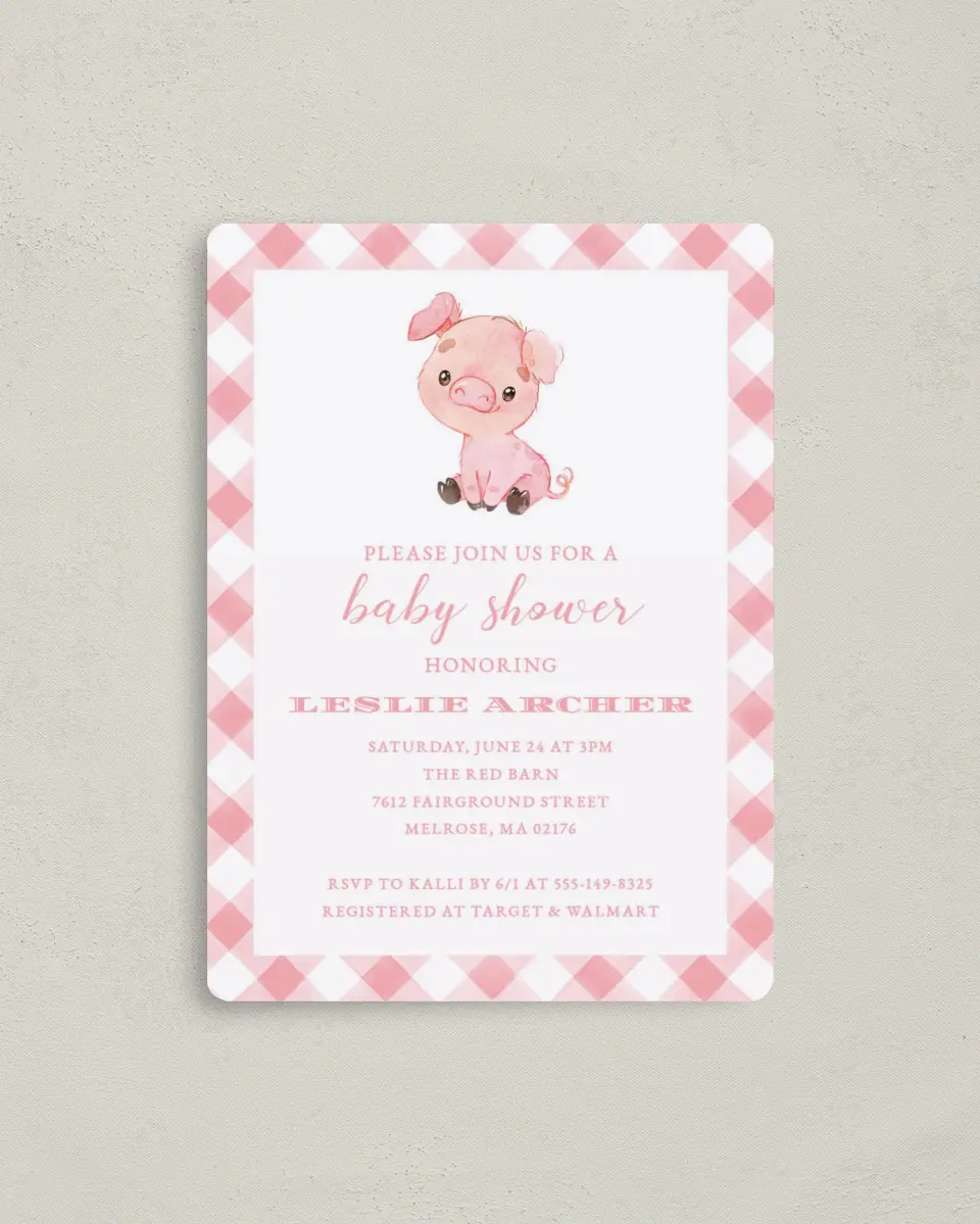 This is a 4" x 5½" Baby Shower Invitation Magnet called Plaid Piggy printed in full color with a Luxe Satin finish