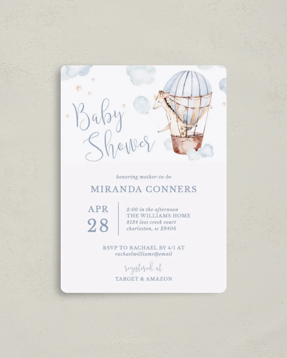 This is a 4" x 5½" Baby Shower Invitation Magnet called Baby Balloon Ride printed in full color with a Luxe Satin finish