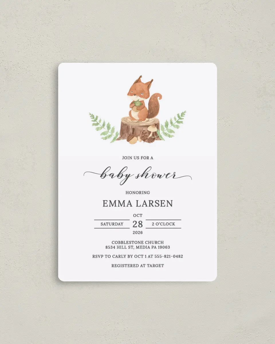 This is a 4" x 5½" Baby Shower Invitation Magnet called Sweet Squirrel printed in full color with a Luxe Satin finish