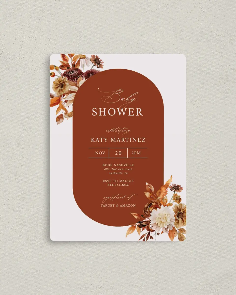 This is a 4" x 5½" Baby Shower Invitation Magnet called Autumn Shower printed in full color with a Luxe Satin finish