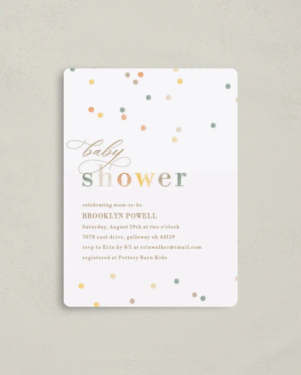 This is a 4" x 5½" Baby Shower Invitation Magnet called Cute Confetti printed in full color with a Luxe Satin finish