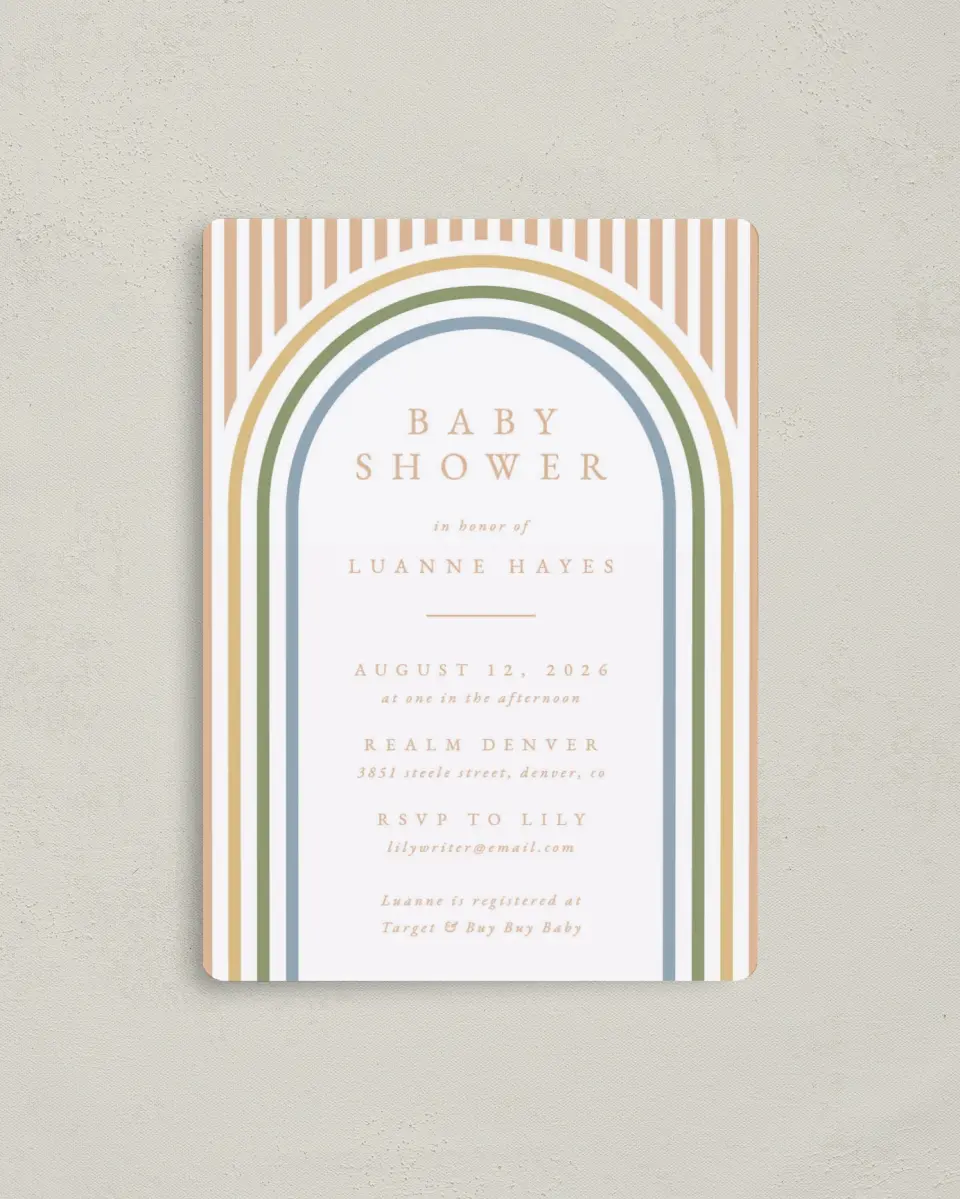 This is a 4" x 5½" Baby Shower Invitation Magnet called Rainbow Stripes printed in full color with a Luxe Satin finish
