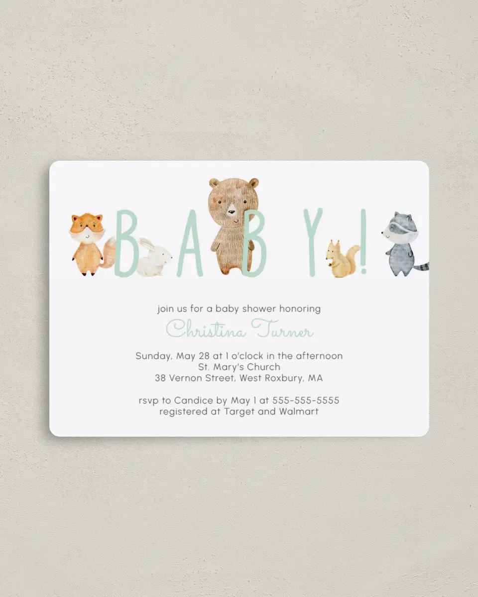 This is a 4" x 5½" Baby Shower Invitation Magnet called Creature Peek printed in full color with a Luxe Satin finish