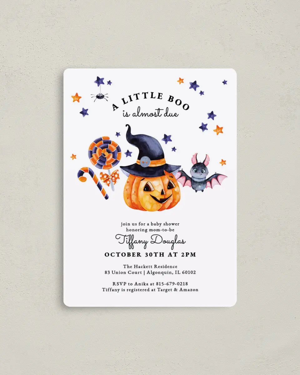 This is a 4" x 5½" Baby Shower Invitation Magnet called Little Boo printed in full color with a Luxe Satin finish