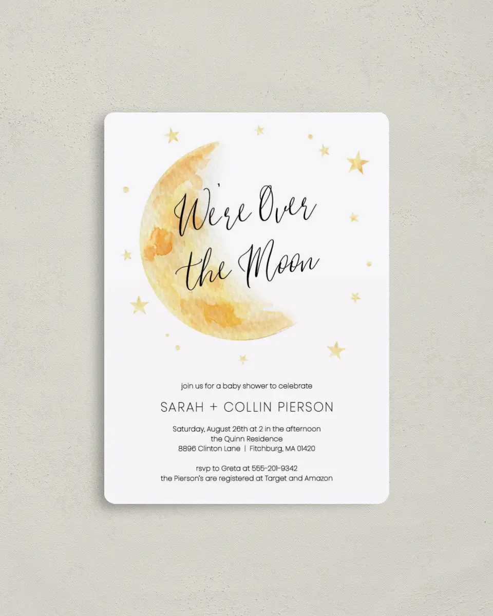 This is a 4" x 5½" Baby Shower Invitation Magnet called Over the Moon printed in full color with a Luxe Satin finish