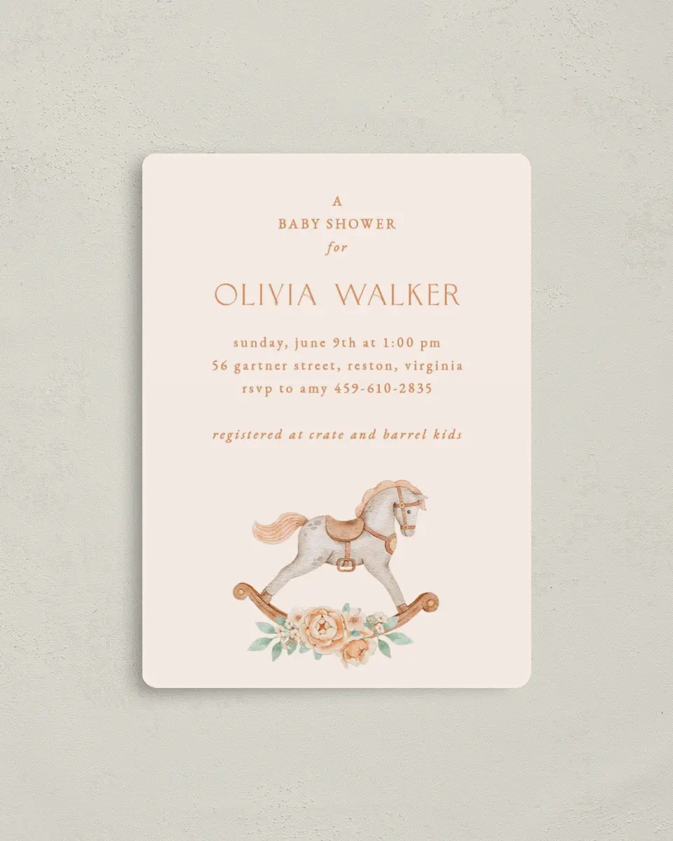 This is a 4" x 5½" Baby Shower Invitation Magnet called Rocking Horse printed in full color with a Luxe Satin finish