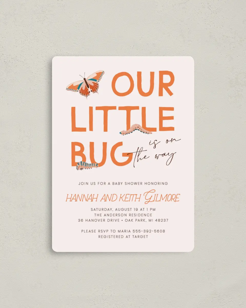 This is a 4" x 5½" Baby Shower Invitation Magnet called Little Bug printed in full color with a Luxe Satin finish